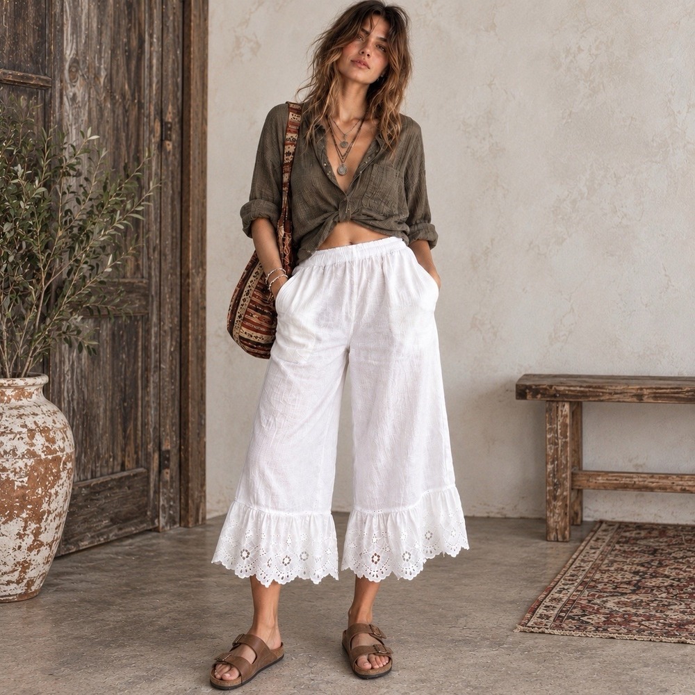 Puro Lino S/M White 100% Linen Crop Pants Eyelet Ruffle Hem Coastal Boho